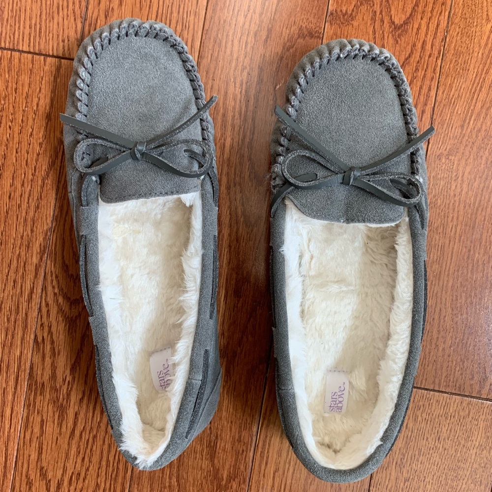 Gray moccasin slippers